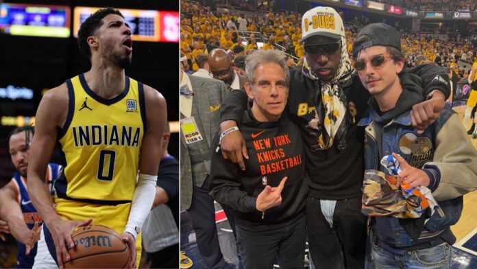 WTHELLY hitmaker embraces Tyrese Haliburton, flexes on Spike Lee & Timothee Chalamet while cheering on Pacers star’s historic triple-double
