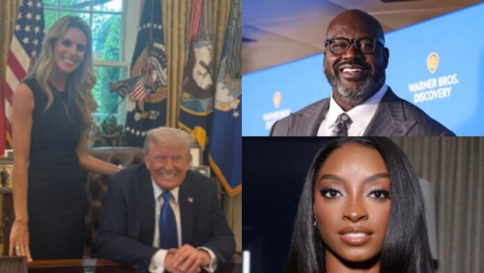 Miss California MAGA model Carrie Prejean issues bold challenge to Simone Biles with Shaquille O’Neal snap as trans athlete debate rages on