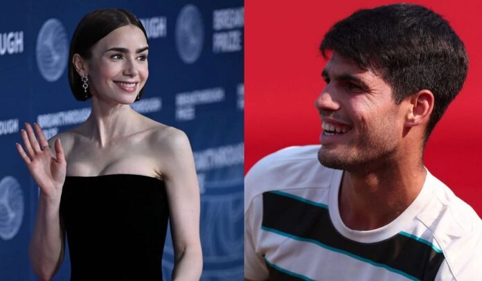 Lily Collins reacts to Carlos Alcaraz’s tough fought 3R win at Queens Club 2025