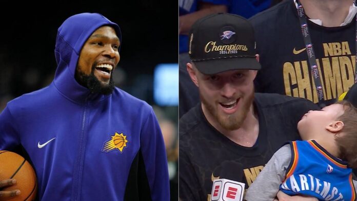 Kevin Durant in stitches seeing Isaiah Hartenstein’s baby “slumped” during OKC’s title ceremony 