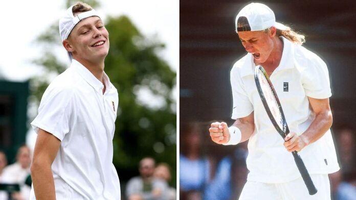 Looking like a carbon copy of his dad, Lleyton Hewitt’s son Cruz makes a splash at Wimbledon with first juniors draw win