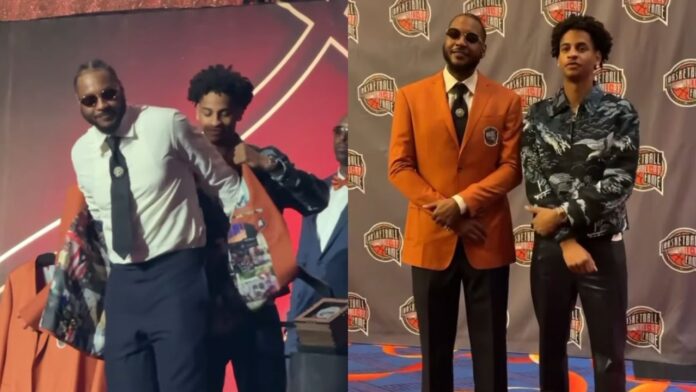 “He finally got a ring” – NBA fans react as Carmelo Anthony has Hall of Fame jacket draped over his shoulders by son Kiyan Anthony
